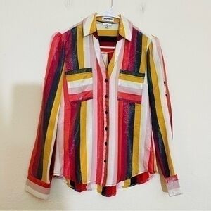 Express Portofino Slim Button Down Striped Shirt Women Size XS Pink/Red